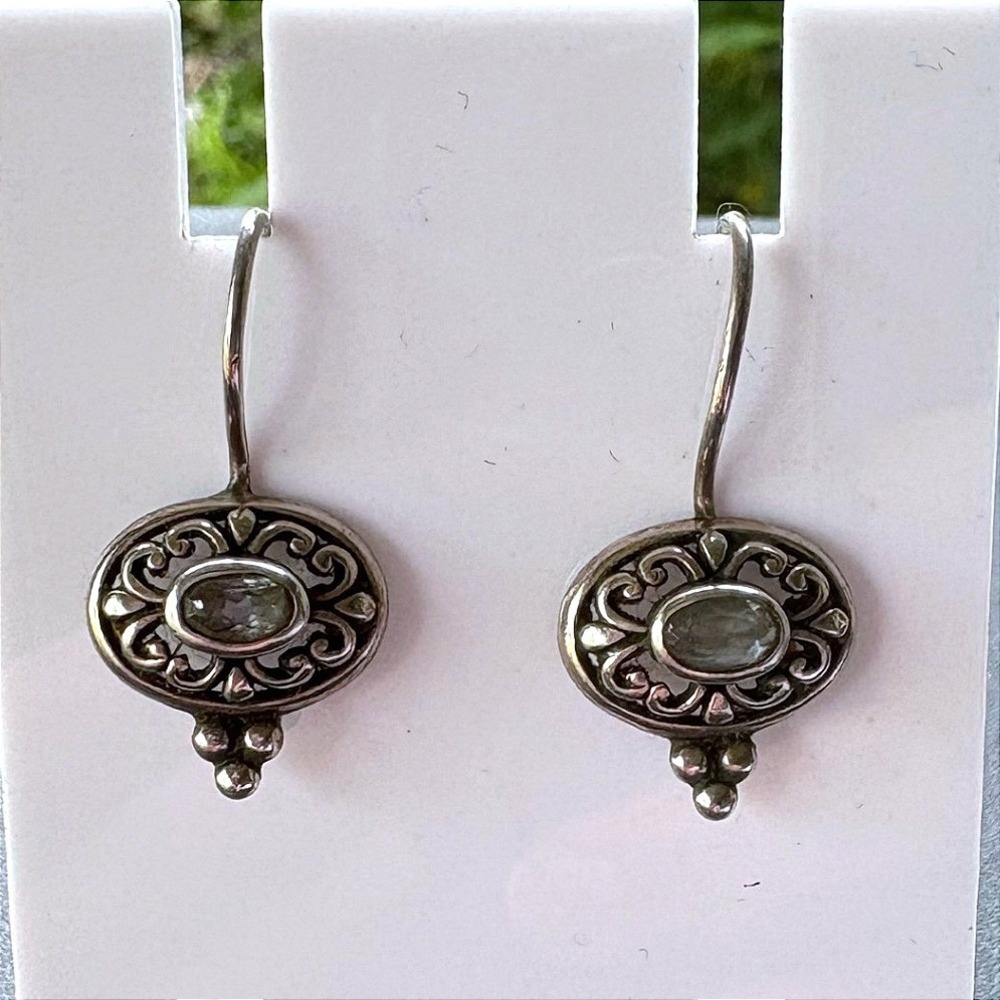 Vintage 925 Sterling Silver Pale Blue Gemstone Filigree Oval Drop Earrings